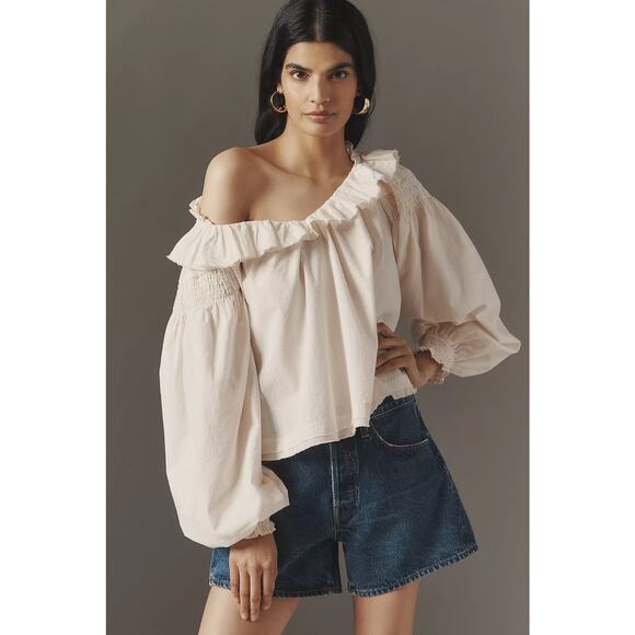 Anthropologie Ruffled V-Neck Blouse Womens Small Pale Pink White Prairie Cottage - Picture 9 of 10